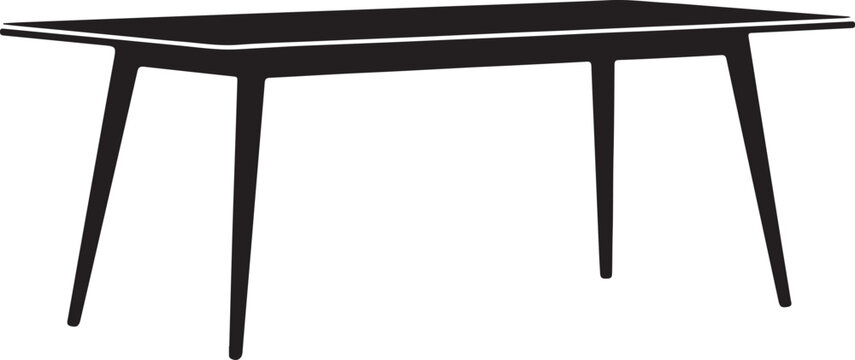 "Black silhouette illustration of modern rectangular table with angled legs, minimalist decorative artwork symbolizing furniture design, home interior, workspace utility and creative stock artwork"