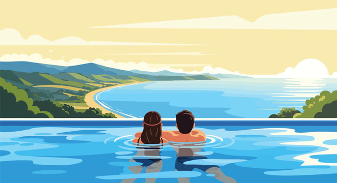 Young couple relaxing in infinity pool overlooking ocean at sunset