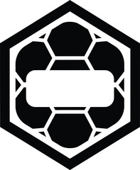 Black and white soccer ball icon with a blank label in a hexagonal frame, viewed directly from the front.