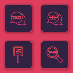 Set line Taxi call telephone service, Airport, and Magnifying glass and taxi car. Blue square button. Vector