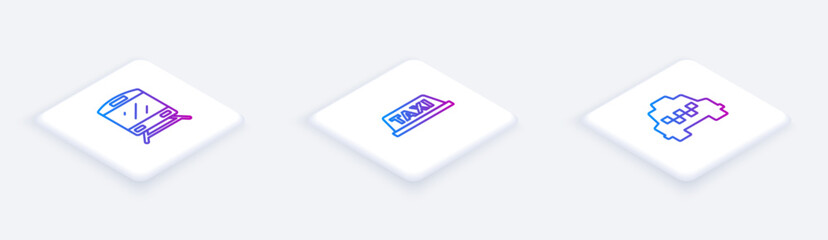 Set Isometric line Train, Taxi car roof and . White square button. Vector