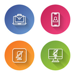 Set line Online working, Video chat conference, Mute microphone and computer. Color circle button. Vector