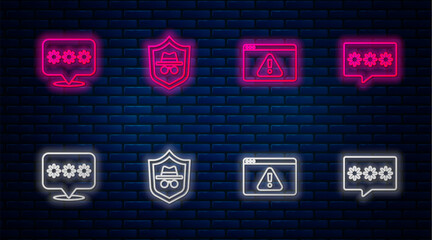 Set line Incognito mode, Browser with exclamation mark, Password protection and . Glowing neon icon on brick wall. Vector