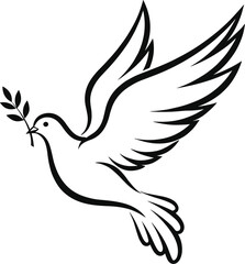 Fototapeta premium Flying Peace Dove Silhouette Vector Illustration Carrying an Olive Branch with Black Line Art for Spiritual Symbols, Wedding Decor, and Global Harmony Designs