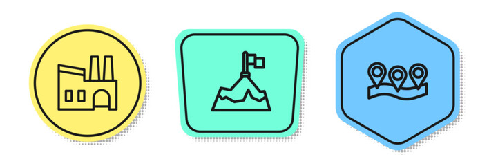 Set line Factory, Mountains with flag and Location. Colored shapes. Vector