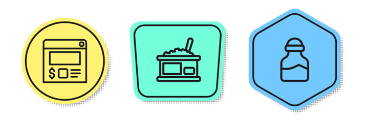 Set line Online ordering and delivery, Tin can with caviar and Spice. Colored shapes. Vector