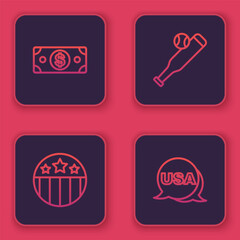 Set line Stacks paper money cash, Medal with star, Baseball bat ball and USA Independence day. Blue square button. Vector