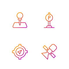 Set line Satellite, Compass, Push pin and Parking. Gradient color icons. Vector