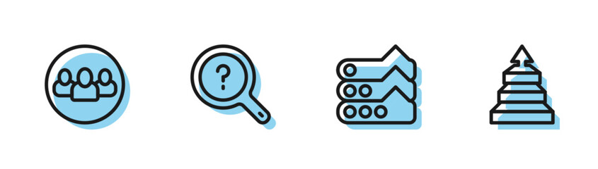 Set line Graph, chart, diagram, Project team base, Unknown search and Pyramid infographics icon. Vector