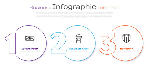 Set line Stacks paper money cash, Barbecue grill and Shield with stars. Business infographic template. Vector