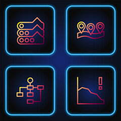 Set line Financial growth decrease, Hierarchy organogram chart, Graph, chart, diagram and Location. Gradient color icons. Vector