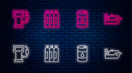 Set line Industrial gas cylinder tank, Barrel oil, Petrol or station and Oil tanker ship. Glowing neon icon on brick wall. Vector