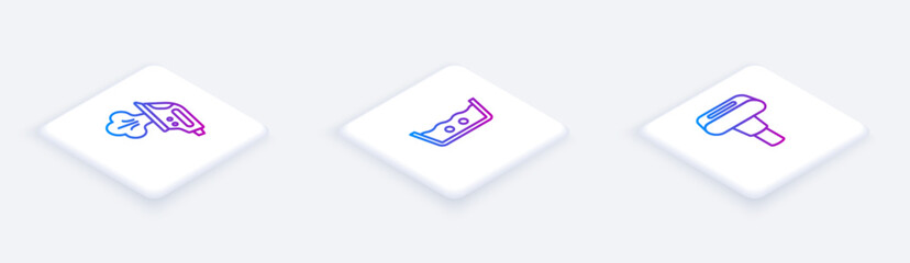 Set Isometric line Electric iron, Temperature wash and Garment steamer. White square button. Vector