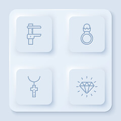 Set line Calliper or caliper and scale, Diamond engagement ring, Christian cross chain and . White square button. Vector