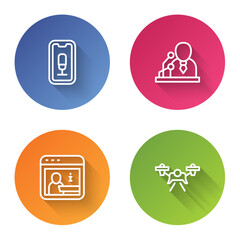 Set line Mobile recording, Breaking news, Information and Drone. Color circle button. Vector