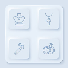 Set line Necklace on mannequin, Christian cross chain, Jewelers lupe and Wedding rings. White square button. Vector