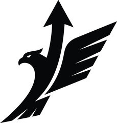 A sleek black eagle in flight with an upward arrow symbolizing growth and freedom soaring through the air with wings outstretched from a dynamic side viewpoint