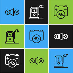 Set line Electric motor, Eco nature leaf battery and car charging station icon. Vector