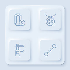 Set line Jewelry online shopping, Pendant necklace, Calliper or caliper and scale and Piercing. White square button. Vector