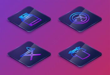 Set Isometric line Washer, Iron and ironing board, and Drying clothes. Blue square button. Vector