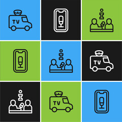 Set line TV News car, Interview and Mobile recording icon. Vector