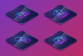 Set Isometric line Car rental, House contract, with dollar and Clock. Blue square button. Vector