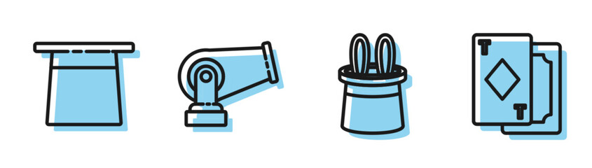 Set line Magician hat and rabbit ears, Magician hat, Cannon and Playing cards icon. Vector