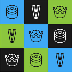 Set line Gel or wax for hair styling, Mustache and beard and Curling iron icon. Vector