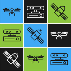 Set line Drone flying, Satellite and Motion sensor icon. Vector