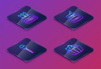 Set Isometric line Cake with burning candles, Lollipop, Jar of honey and Cupcake. Blue square button. Vector