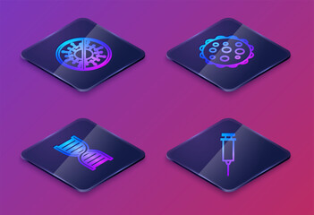 Set Isometric line Stop virus, DNA symbol, Virus and Syringe. Blue square button. Vector