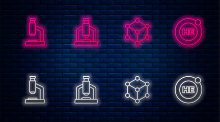 Set line Microscope, Molecule, and Helium. Glowing neon icon on brick wall. Vector