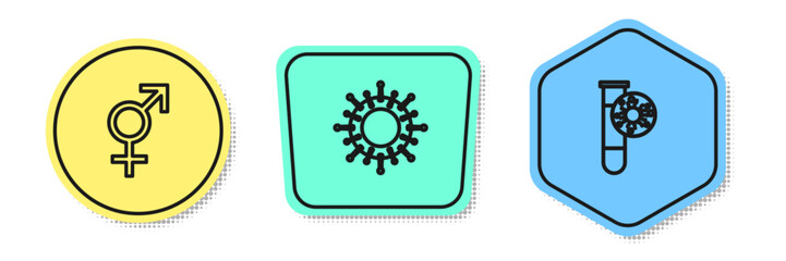 Set line Gender, Virus and Test tube with virus. Colored shapes. Vector