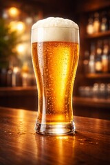 A high-quality 3D illustration of a tall beer glass with golden liquid and foamy head. With transparency, layered bubbles, condensation highlights, warm amber tones, subtle reflections, strong depth