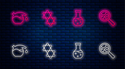 Set line Molecule, Test tube, and Microorganisms under magnifier. Glowing neon icon on brick wall. Vector
