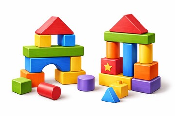 Fototapeta premium A playful 3D illustration of colorful wooden toy blocks stacked into simple structures. With strong depth with overlapping shapes, matte painted wood texture, bright primary colors, soft shadows