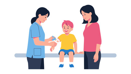 Fototapeta premium Vaccination Time: A young child receives a vaccination from a healthcare professional while his mother watches, illustrating a scene of care and protection.