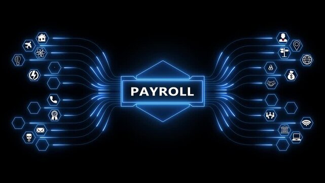 Managing employee compensation through connected digital systems, payroll network animation with glowing data flows and financial processing concept