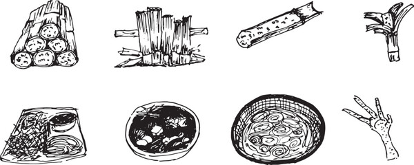 Hand drawn Laos traditional food set, featuring Bamboo sticky rice (Khao Lam), Chicken feet, Noodle soup (Khao Piak Sen), and Papaya salad, ink sketch illustration. © Pattaya