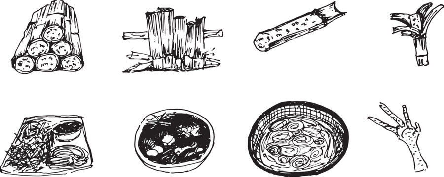 Hand drawn Laos traditional food set, featuring Bamboo sticky rice (Khao Lam), Chicken feet, Noodle soup (Khao Piak Sen), and Papaya salad, ink sketch illustration.