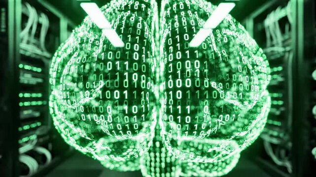 A neon green brain made of binary code illuminated in a dark server room with rows of computer equipment
