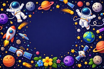 Obraz premium A playful 3D space pattern featuring floating astronauts, planets, satellites, and stars on a dark blue background. With bright contrasting colors, rounded shapes, layered depth, soft shadows