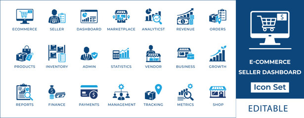 Naklejka premium E-commerce seller dashboard icon set featuring online shop management, inventory tracking, revenue analytics, order processing, vendor tools, and marketplace business symbols.
