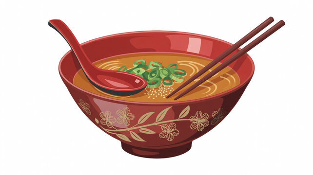 A vibrant bowl of ramen with green onions and a red spoon