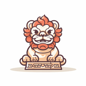 Cute Chinese Guardian Lion Statue Illustration Featuring a Stylized Foo Dog with Orange Mane and Traditional Pedestal Base Isolated on White Background for Cultural Mascot and Logo Design