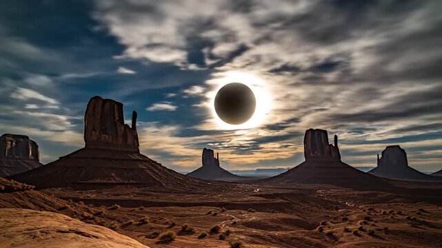 A total solar eclipse casts a shadow over desert mesas under a dramatic sky