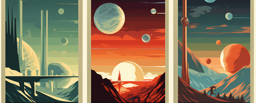 Retro Futuristic Sci-Fi Travel Poster Triptych Featuring Alien Planets Moons and Futuristic Architecture in a Minimalist Vintage Mid-Century Modern Art Style with Vibrant Colors and Landscapes