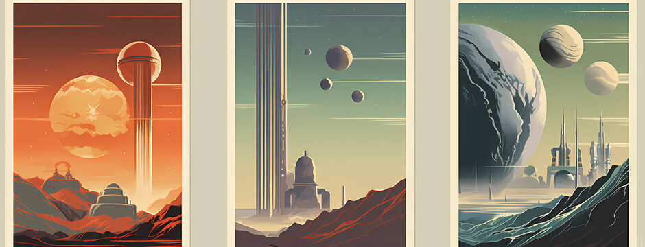 Set of three retro futuristic sci-fi travel posters featuring alien planets futuristic cities and space landscapes in a vintage minimalist art style with vibrant colors and cosmic themes for decor