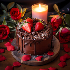 Decadent chocolate layer cake topped with fresh strawberries and chocolate shavings on a wooden platter surrounded by red roses rose petals and a glowing candle in a romantic setting with warm light