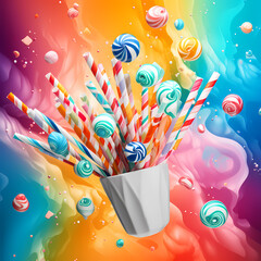Vibrant explosion of colorful striped candy sticks and round lollipops bursting from a white cup against a swirling rainbow abstract background with bright saturated colors and whimsical energy